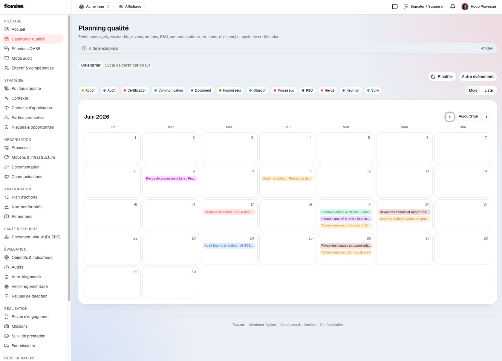 Calendrier qualité de l'outil flowise : échéances agrégées et cycle de certification