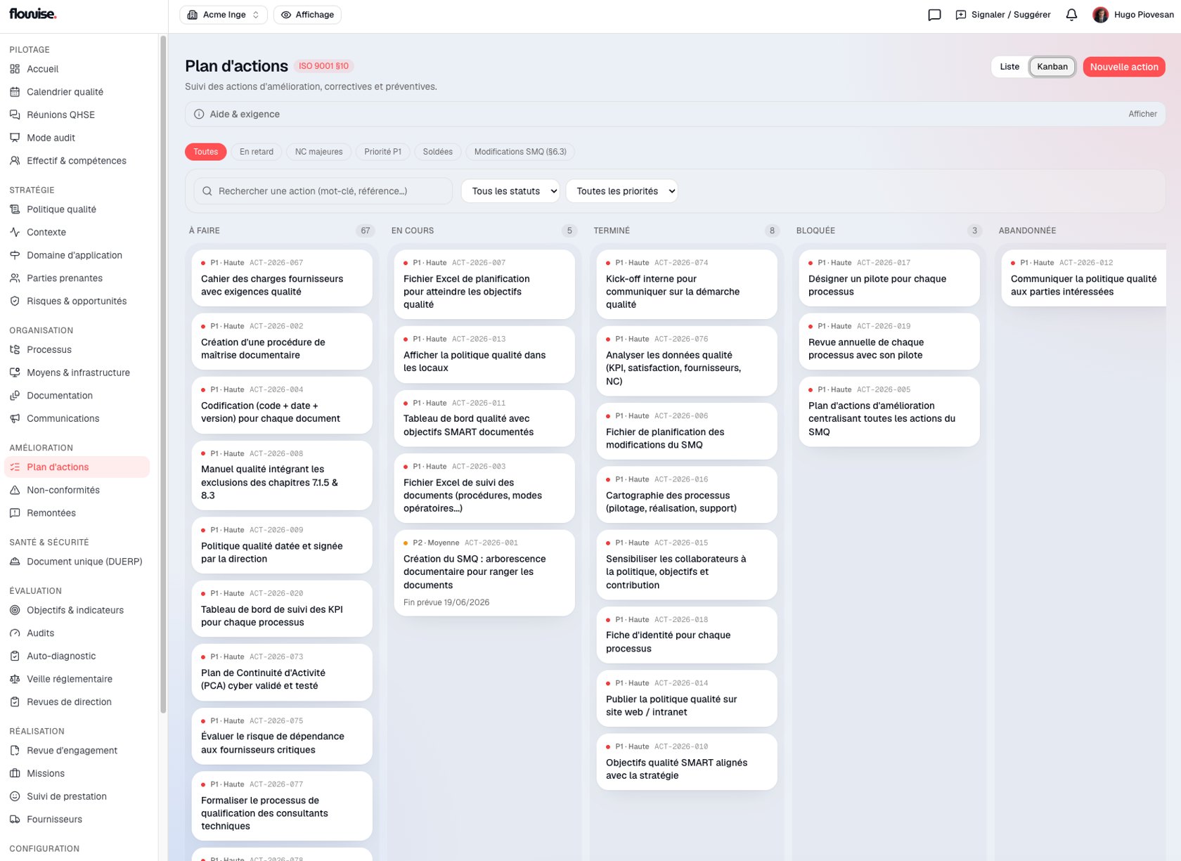 Plan d'actions de l'outil flowise : suivi kanban des actions d'amélioration, correctives et préventives