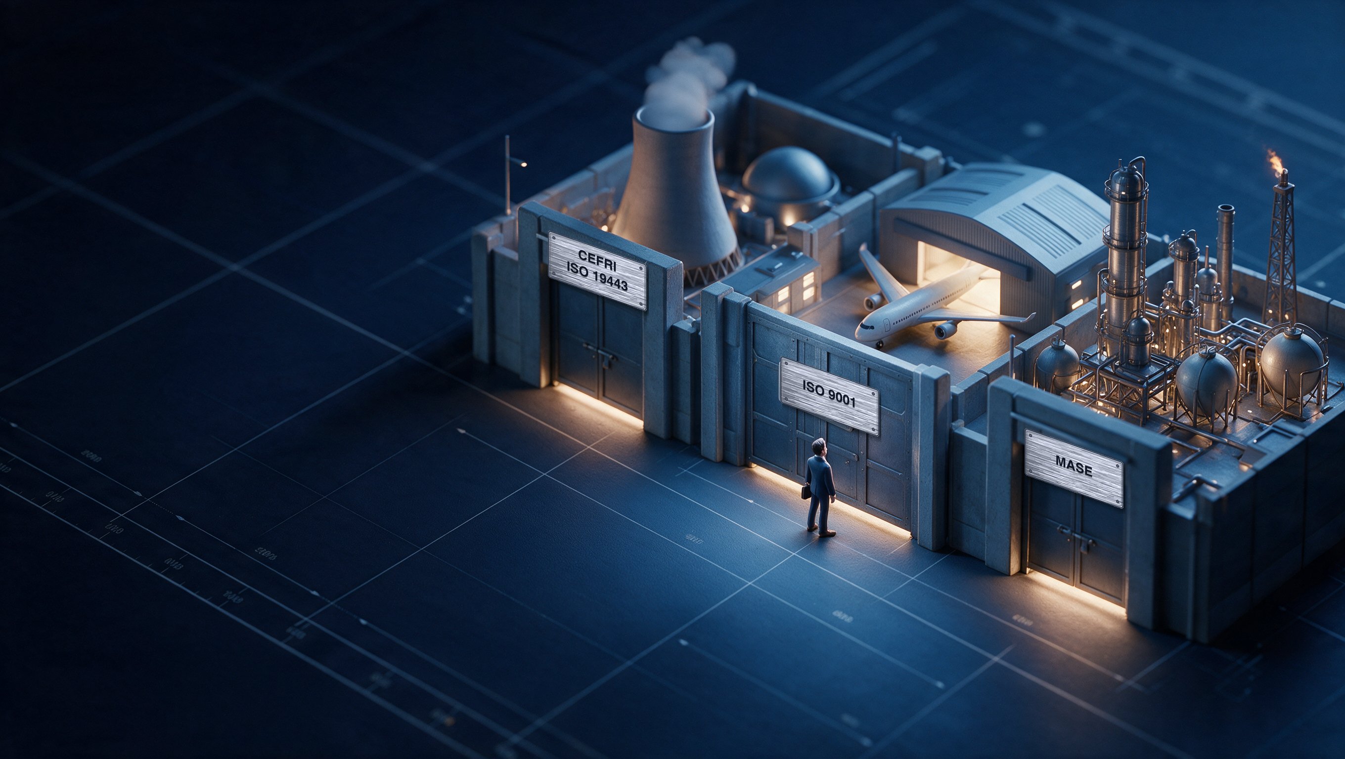 Des consultants devant les portes encore fermées d'un site industriel.