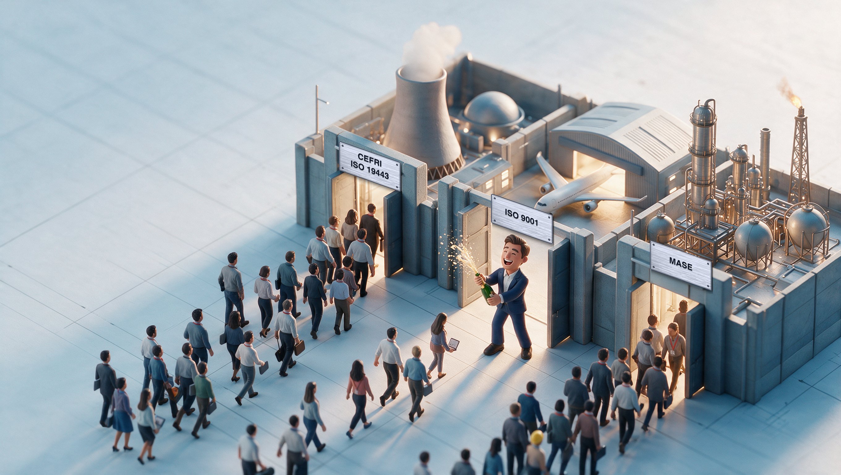 Des consultants franchissent les portes de sites industriels, dont une centrale nucléaire.